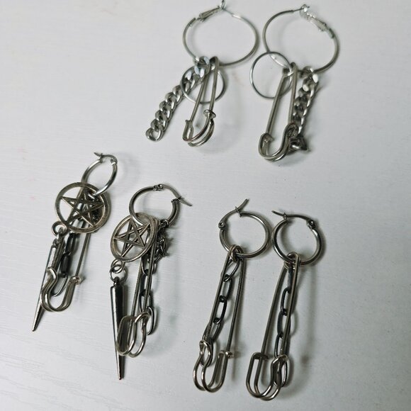 Hot Topic chain and safety pin earrings - set of 3 - Picture 2 of 2